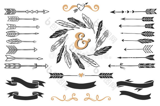 手工绘制的老式箭头，羽毛和带刻字的丝带。