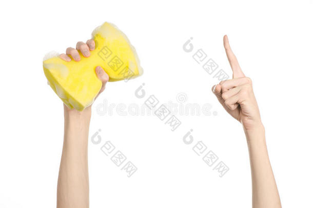 清洁房子和卫生<strong>主题</strong>：手拿着<strong>黄色</strong>海绵，湿着泡沫，隔离在工作室的白色背景上