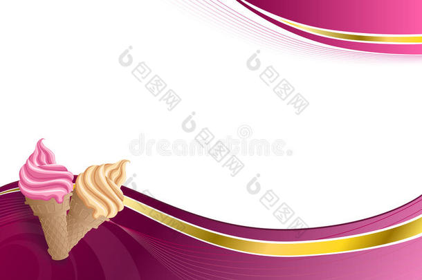 背景抽象粉红色米色香草冰淇淋插图黄金丝带框架