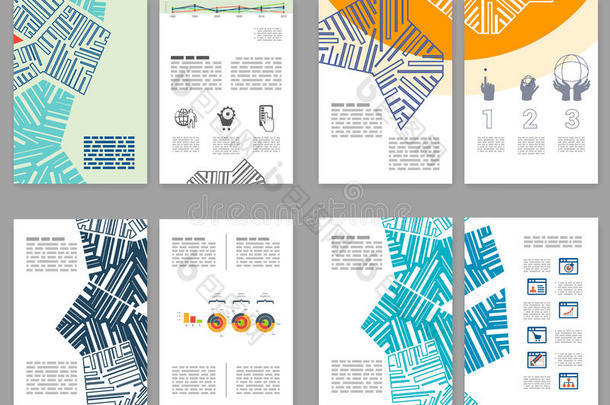 传单，传单，小册子版面集。 可编辑设计模板。 带有抽象元素的A4二倍小册子，信息图形