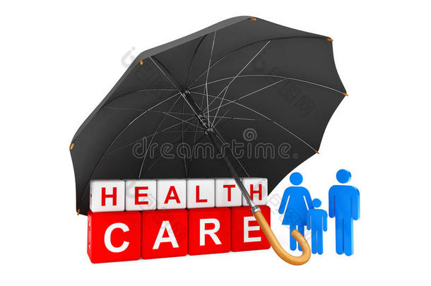 黑色雨伞覆盖健康护理立方体与人的家庭