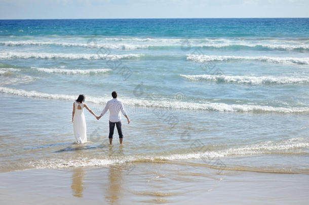 新娘和新郎在阳光明媚的日子里在海滩上散步