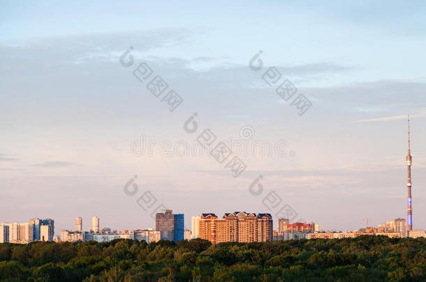 夏日夕阳下的城市天际线