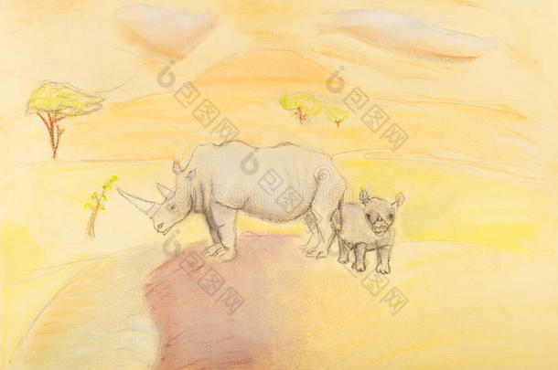 孩子们用小犀牛画犀牛