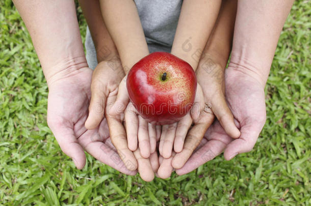 成年手牵着孩子的手，上面有红苹果