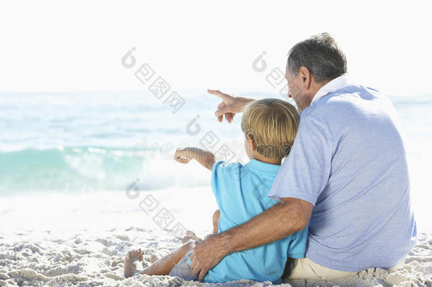 祖父和孙子一起坐在海滩度假