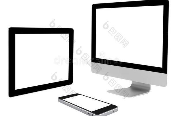 计算机和智能手机设备与共享空间隔离在白色