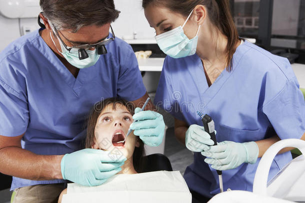 牙医和护士给女孩做检查