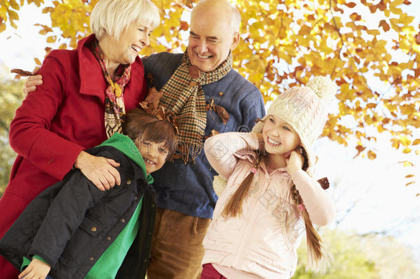 祖父母和孙子孙女在秋树下玩耍