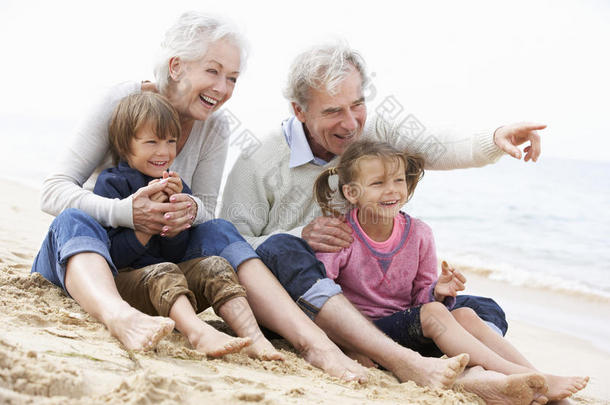 祖父母和孙子一起坐在海滩上