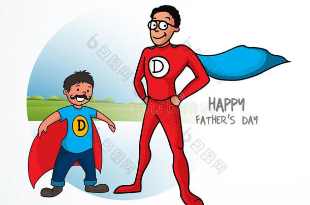 父亲和儿子穿着超级英雄礼服为父亲们一天。