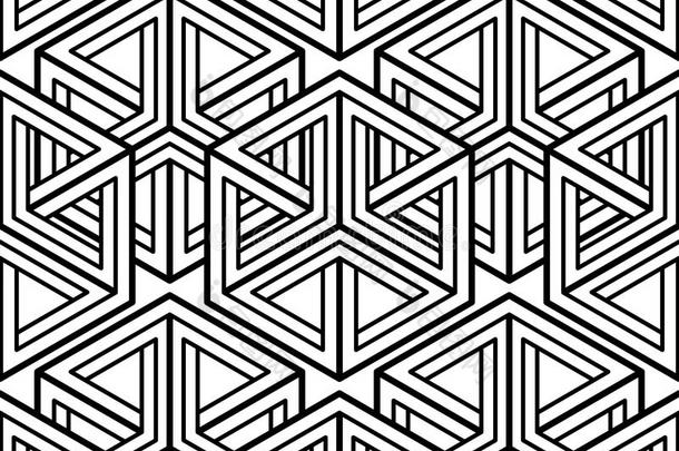 对比黑白对称无缝图案与交织图形。 连续几何组成，用于图形