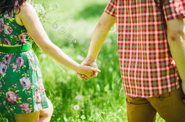 乡村爱情故事夫妇在绿色的夏季草地