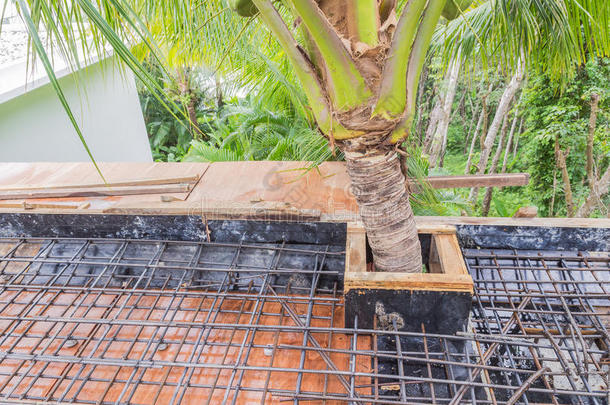 施工细节：浇筑混凝土模板前板钢筋遮挡椰子树