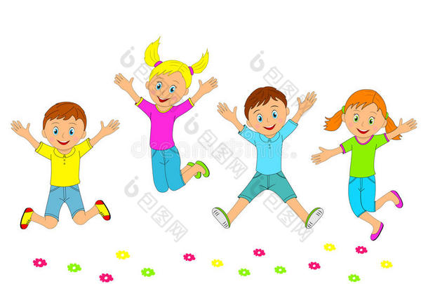 孩子们，男孩和女孩跳跃和微笑