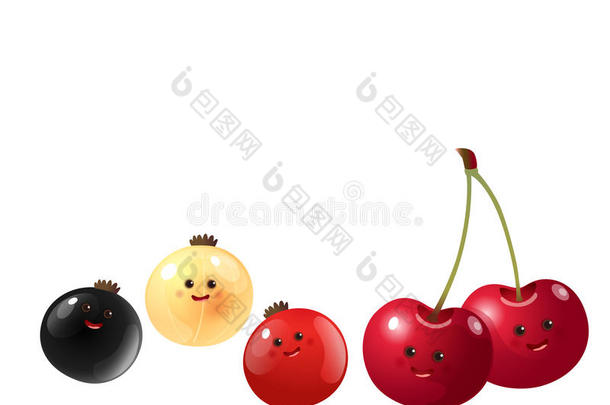 可爱的水果-樱桃，红色醋栗，白色醋栗，黑色醋栗