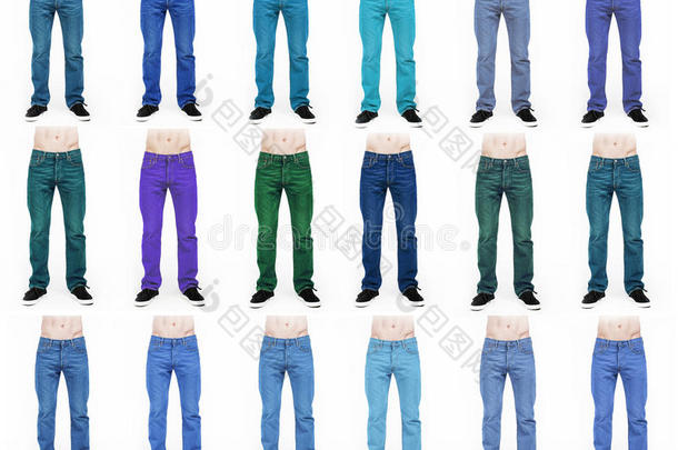 收集不同颜色的男士牛仔裤，隔离在白色上
