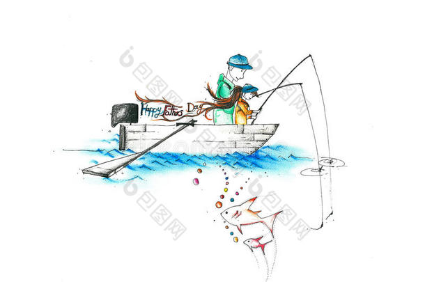 一对父子在船上钓鱼写父亲节快乐