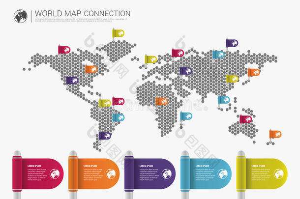 丰富多彩的现代信息世界地图连接概念。 矢量
