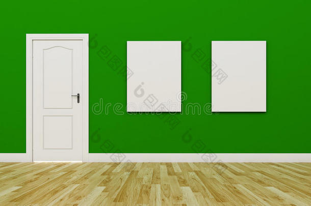 绿色墙上关闭白色门，两张空白海报，木地板