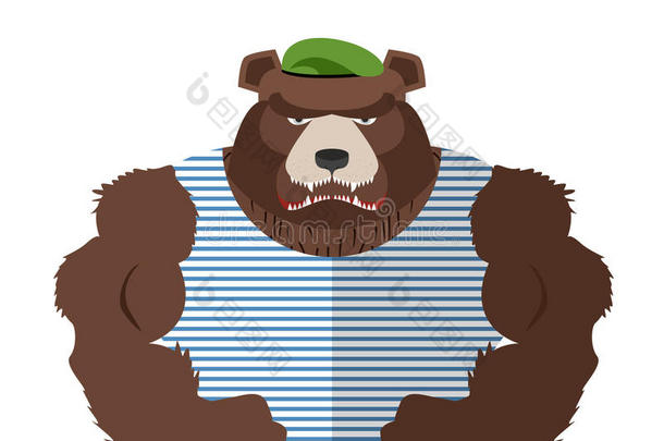 穿着条纹背心的愤怒的熊。 俄罗斯熊后卫在一个绿色贝雷帽与大肌肉。 矢量插图