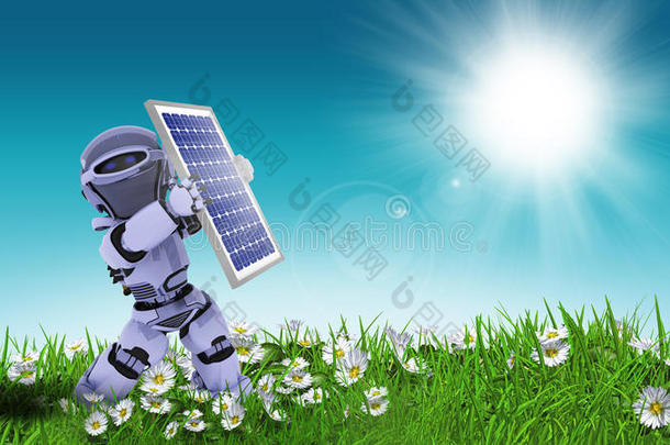 三维机器人在雏菊景观中保持太阳能电池板