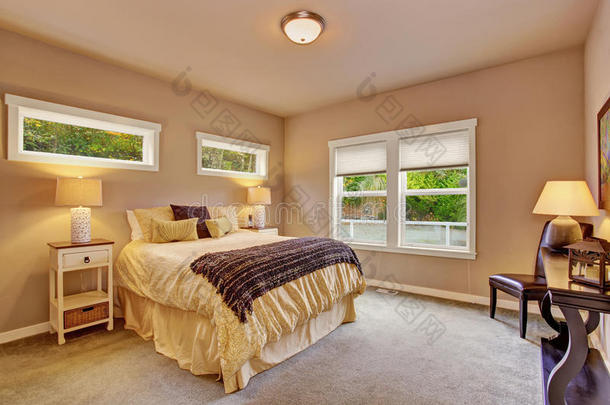 明亮的卧室，有地毯和窗户。