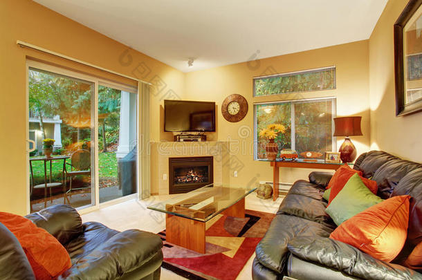 舒适的Meduim大小的客厅，有地毯和滑动玻璃门