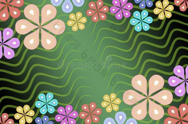 彩色花卉装饰在绿色波浪背景，镜面对角线花卉图案，适合邀请，花园聚会