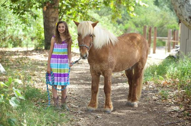 女孩和她可爱的冰岛小马站在一起