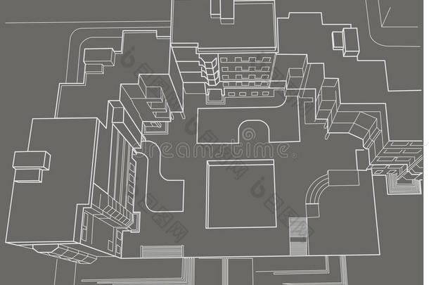 多层建筑顶部视图灰色背景的建筑草图