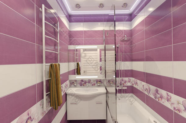 带有兽人的紫色浴室设计的三维插图