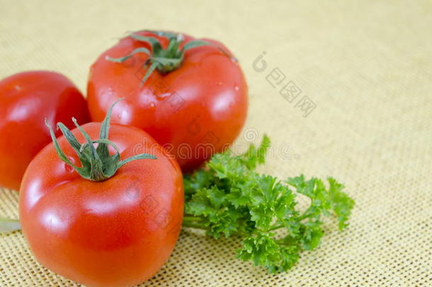 新鲜西红柿和欧芹在桌子上