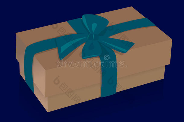 美丽的米色礼品盒，蓝色背景上有紫色的蝴蝶结