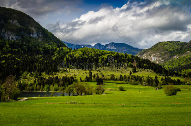 五彩缤纷的夏季早晨，在特里格拉夫国家公园斯洛文尼亚博欣杰湖，朱利安阿尔卑斯山，欧洲