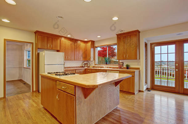 经典的硬木厨房与连接的客厅。