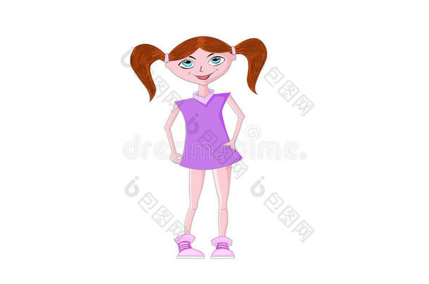 白色背景上穿着紫色连衣裙的<strong>卡通女孩</strong>