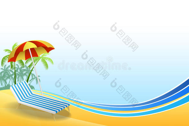 抽象背景暑假海滩度假甲板椅红色伞绿色棕榈蓝色黄色框架插图