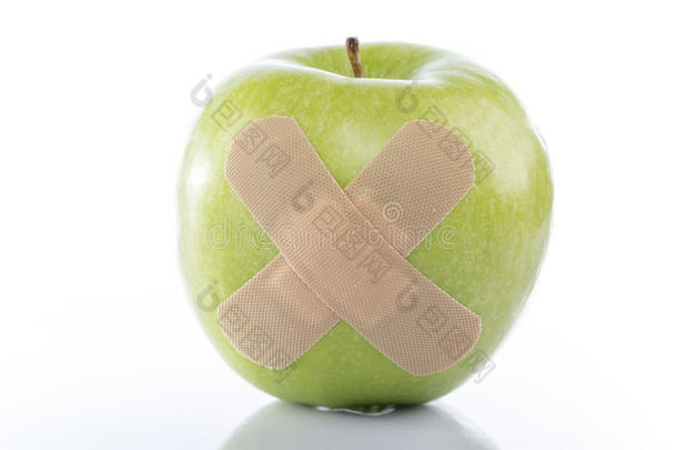 带<strong>创可贴</strong>的绿色苹果