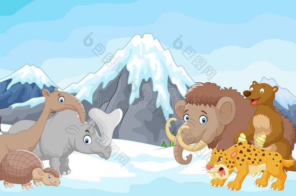 卡通收集冰河<strong>时期</strong>动物在山上的背景
