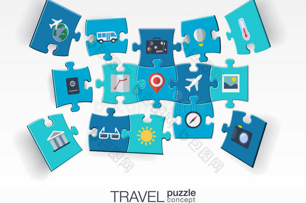 抽象旅行背景与连接的颜色拼图，集成平面图标。 带飞机、行李的三维信息图概念，
