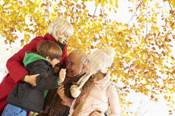 祖父母和孙子孙女在秋树下玩耍