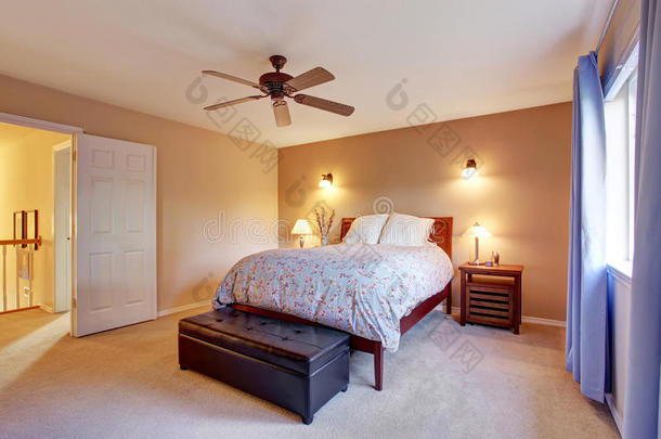 漂亮的主卧室有地毯和窗户。