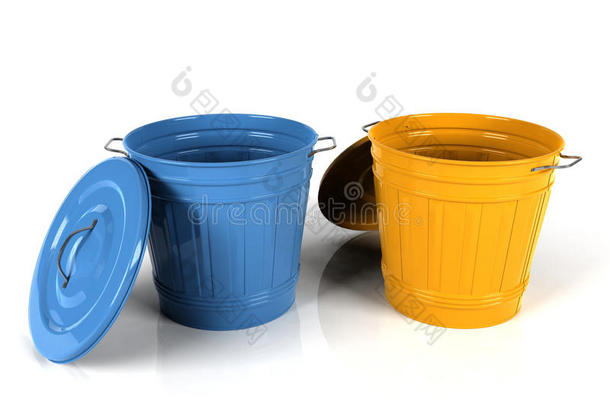 三维蓝色和黄色<strong>塑料桶</strong>