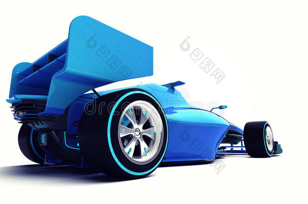 蓝色3D公式汽车隔离在白色透视背面