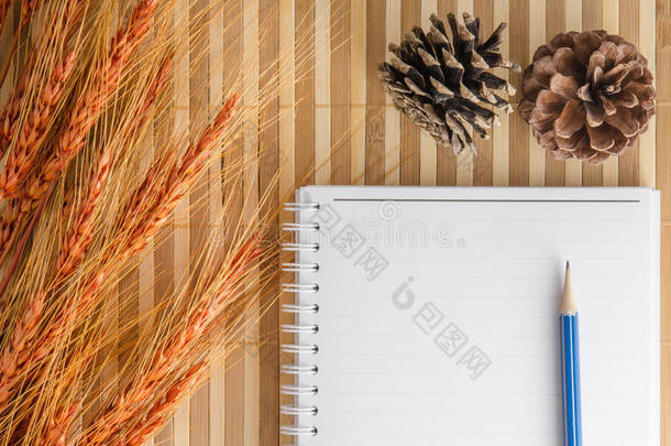 空白记事本笔记本，铅笔在棕色竹子背景