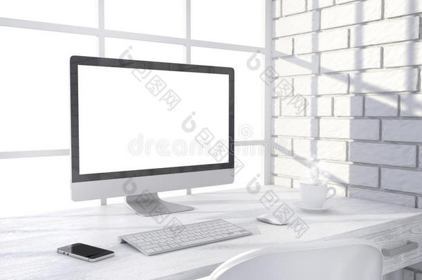 办公室桌子上的3D插图PC屏幕