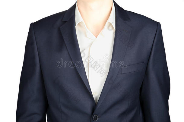 特写一件正式的深灰色<strong>夹克</strong>，严格的衣服，隔离在白色上。