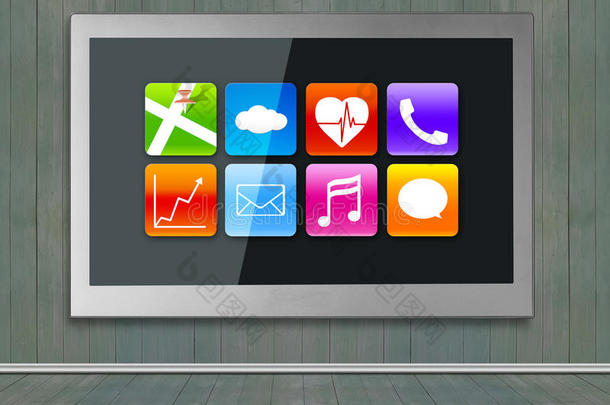 黑色宽电视屏幕上挂着应用程序图标