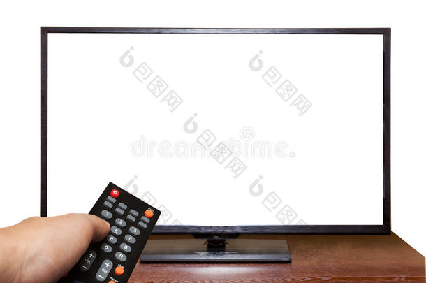 手持遥控器到白色背景上隔离的电视屏幕